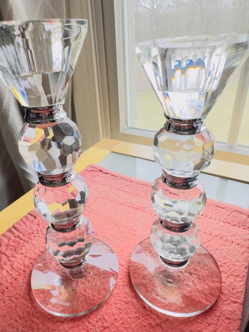 Clear Faceted Glass Candlestick Pair - Crystal Effect